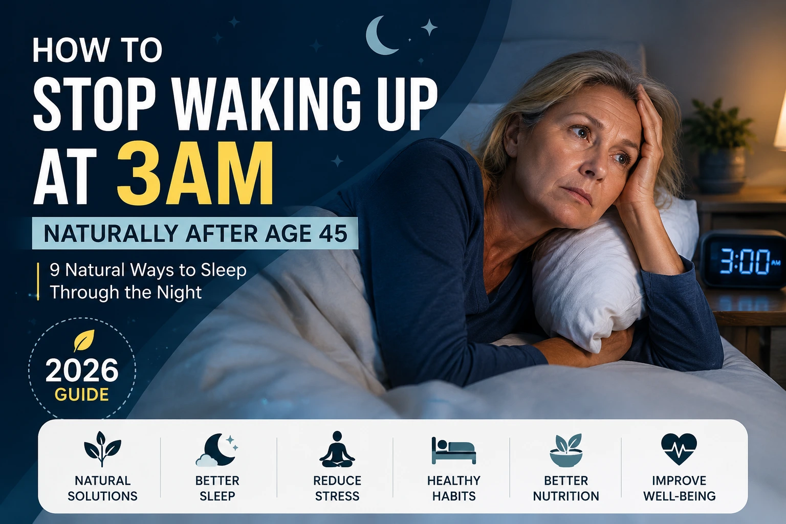 Woman over 45 awake at 3AM in bed with natural sleep tips for improving sleep quality and reducing nighttime awakenings.